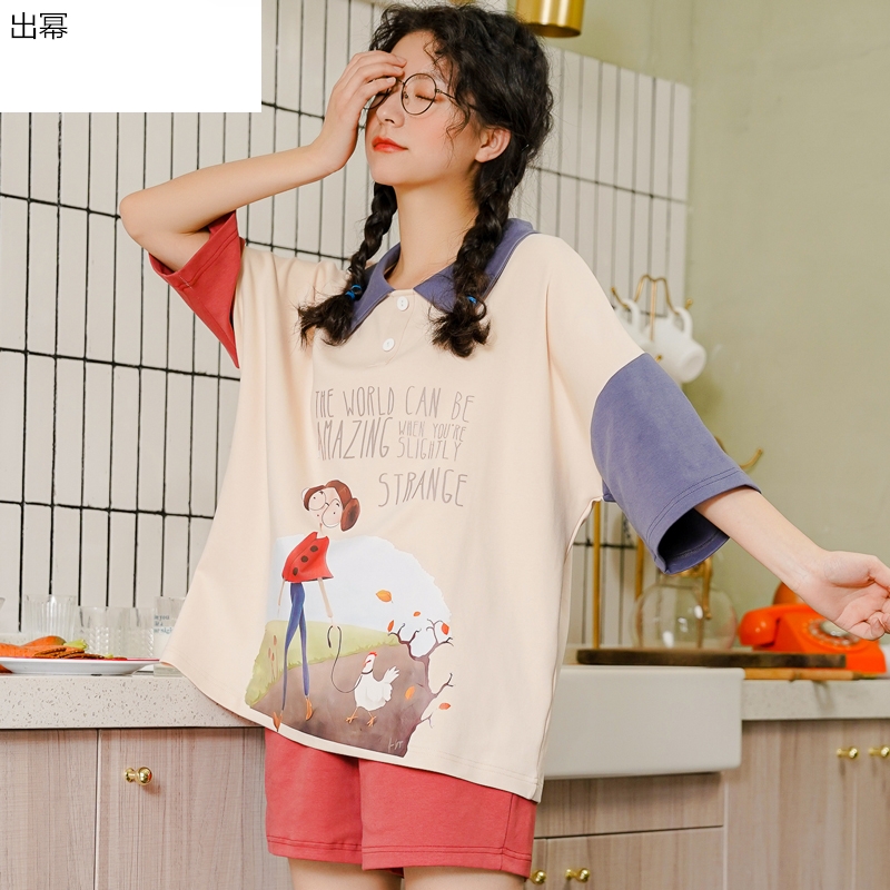 Pajama cô gái mùa hè mỏng ngắn tay sinh viên bông nhà quần áo công chúa gió ngọt ngào dễ thương cô gái hai mảnh bộ mùa hè.