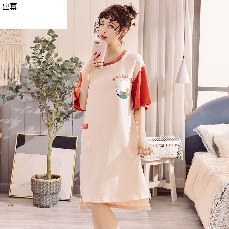 Bộ đồ ngủ nữ mùa hè đồ ngủ cotton nữ sinh phim hoạt hình dễ thương Hàn Quốc phiên bản của womens dài có thể mặc một chiếc váy nhà.