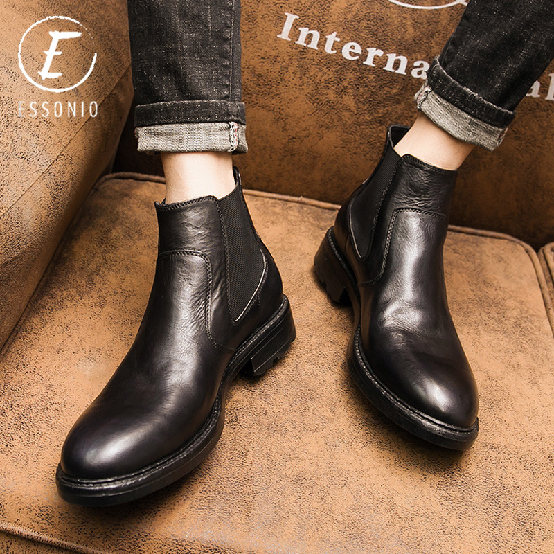 ESSONIO Men's high cylinder leather shoes Business Inn Wind set foot Chelsea boot male short boot genuine leather casual boots