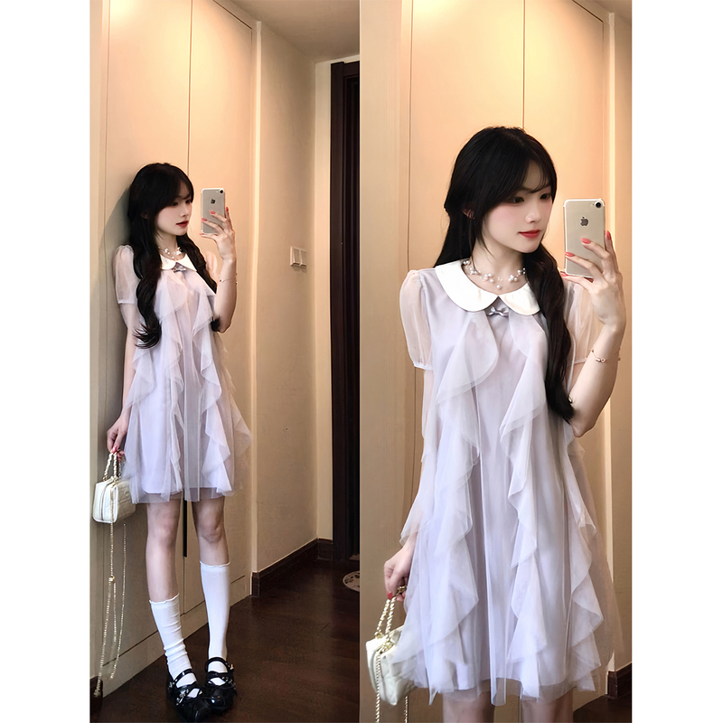 French Sweet Doll Collar Purple Dress for Women, Beautiful Summer Irregular Princess Dress with Ruffles, Short Skirt French Sweet Doll Collar Purple Dress for Women, Beautiful Summer Irregular Princess Dress with Ruffles, Short Skirt