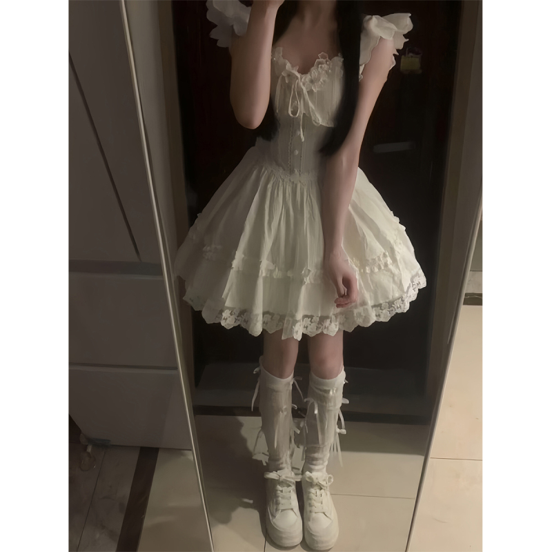 French-Style Sweet White Dress with Flutter Sleeves for Women, Perfect for Summer, First Love White Dress, Waist-Cinching Princess Puffy Dress French-Style Sweet White Dress with Flutter Sleeves for Women, Perfect for Summer, First Love White Dress, Waist-Cinching Princess Puffy Dress
