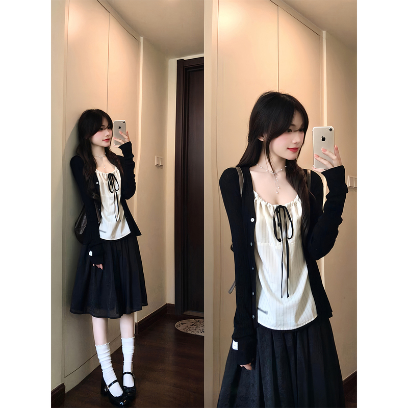 Early Autumn Korean Style Outfit: a Complete Set of Black Cardigan, Drawstring Striped Camisole, and Half Skirt Three-Piece Set