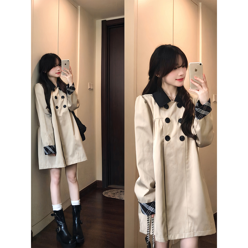 Korean-Style British-Style Plaid Khaki Trench Coat for Women, Autumn High-End Loose Mid-Length Jacket