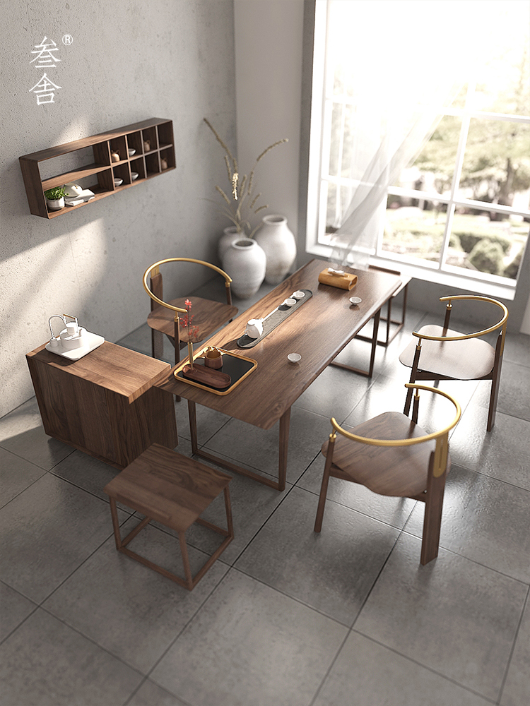 The tea table tea table in one Chinese meditation of simple black walnut solid wood bubble with tea plate Kung fu tea table combination D4