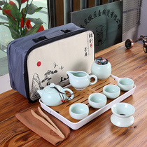 Xiaoao Ceramic travel tea set Household Kung fu tea pot tea cup Portable travel bag car bamboo tea tray