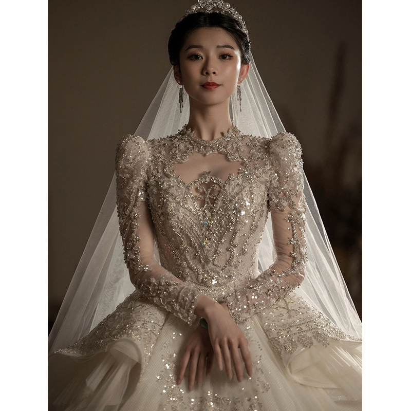 Fared wedding gown woman 2023 new brides rework extravagant tail long sleeves advanced texture main yarn high end-Taobao