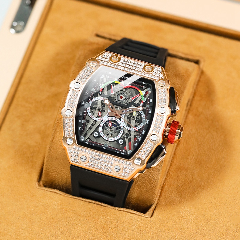 Richard Genuine Brand Men's Watch, Fully Automatic Mechanical Watch, Men's Watch with Diamond-Encrusted Large Dial, Waterproof Rubber Band, Barrel-Shaped Men's Watch