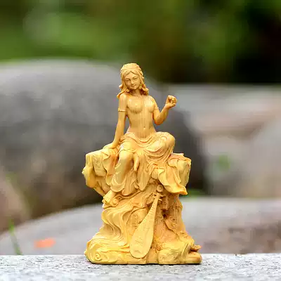 Boxwood carving solid wood handlework carving pipa semi-naked beauty ornaments living room desktop ornaments goddess craft gifts decoration