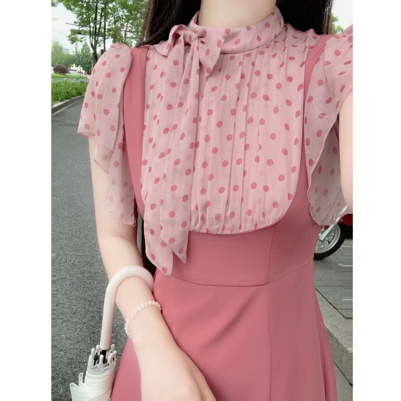 Sycamore and Moon | Peach Oolong | LAOSHU Japanese-Style Elegant Two-Piece Polka Dot Waist-Cinching Dress
