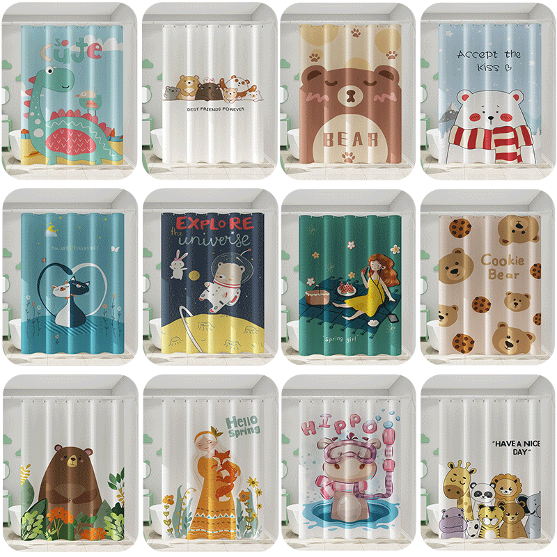 Bathroom cartoon shower curtain bathroom free punching set waterproof cloth curtain dry and wet separation bath curtain partition hanging curtain