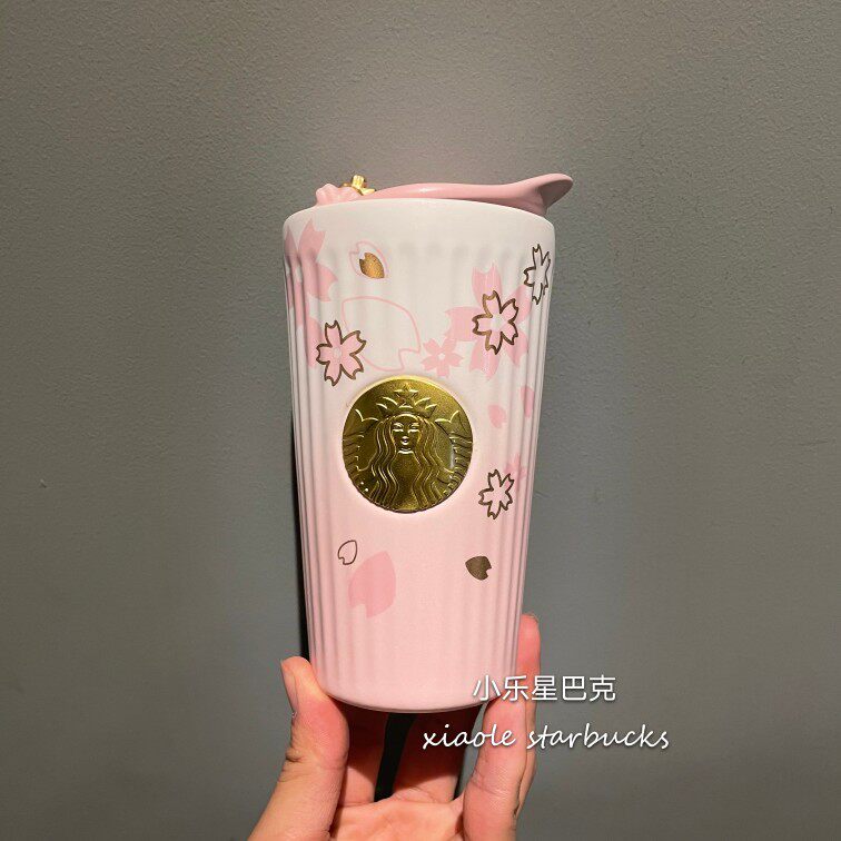 термос 星巴克樱花杯子2021粉白金樱花圆饼包马克玻璃杯吸管保温随行水杯