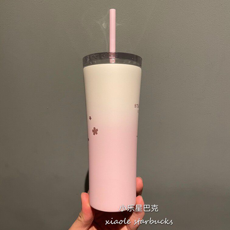 термос 星巴克樱花杯子2021粉白金樱花圆饼包马克玻璃杯吸管保温随行水杯