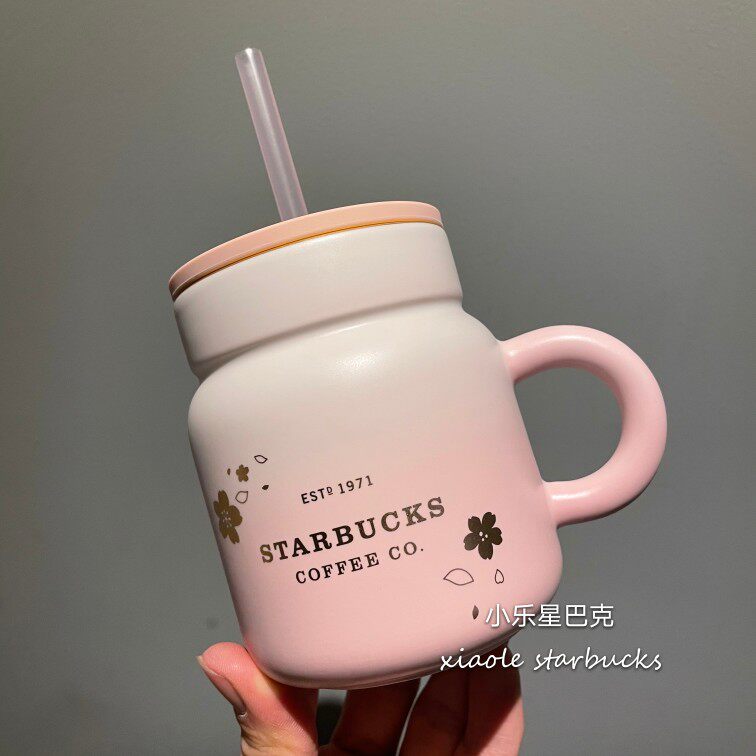 термос 星巴克樱花杯子2021粉白金樱花圆饼包马克玻璃杯吸管保温随行水杯