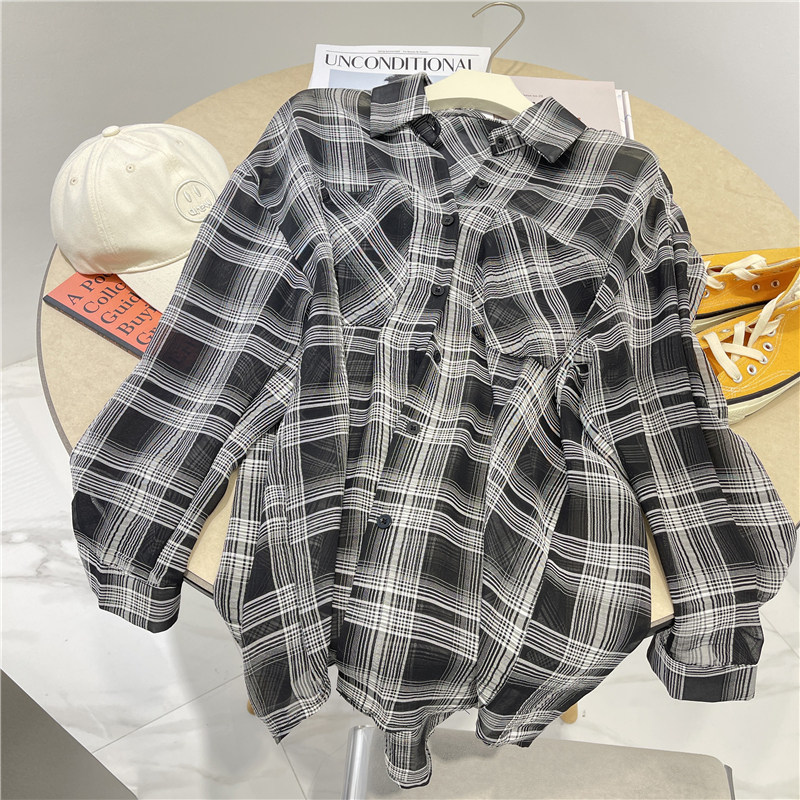Black Cotton Linen Plaid Shirt Woman Summer Design Sensation Small Crowdsourced sensary tencel long sleeve sunscreen jacket-Taobao