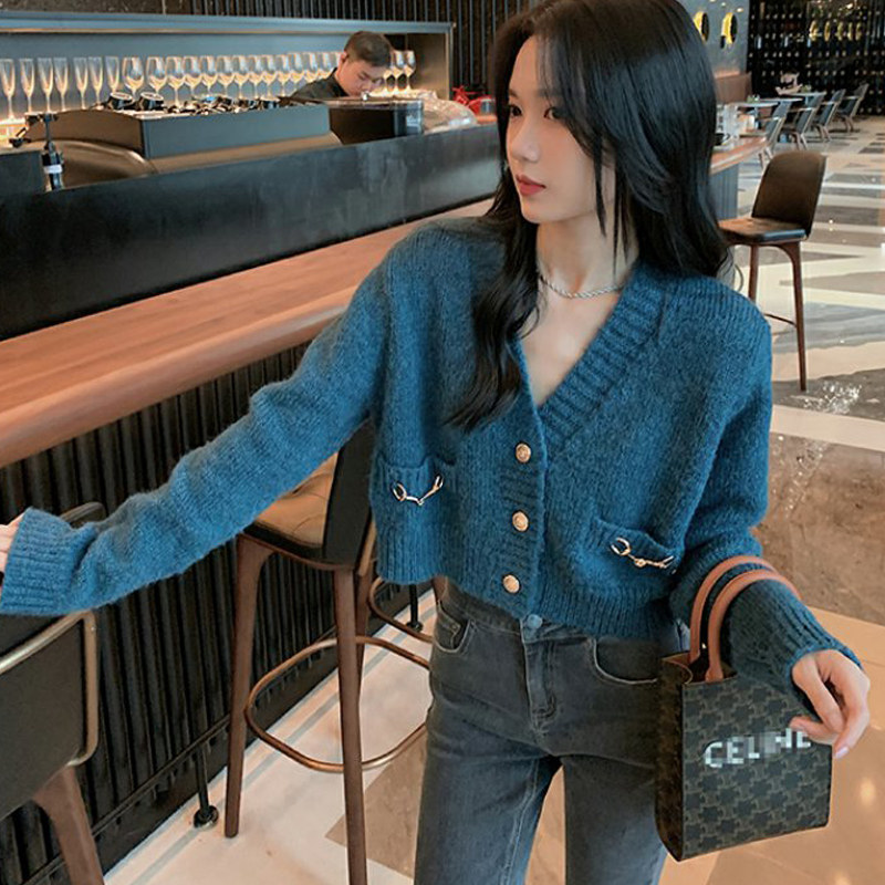 Blue Sweater Jacket Woman 2022 Chunqiu New knitted cardiovershirt bm short jacket Early fall Lazy Loose outside wearing-Taobao