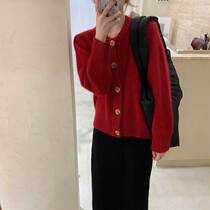 Red Sweater Women Raccoon Spring New 2022 Foreign Jewel Buttoned Knit Cardiovert Jacket Outwear Spring