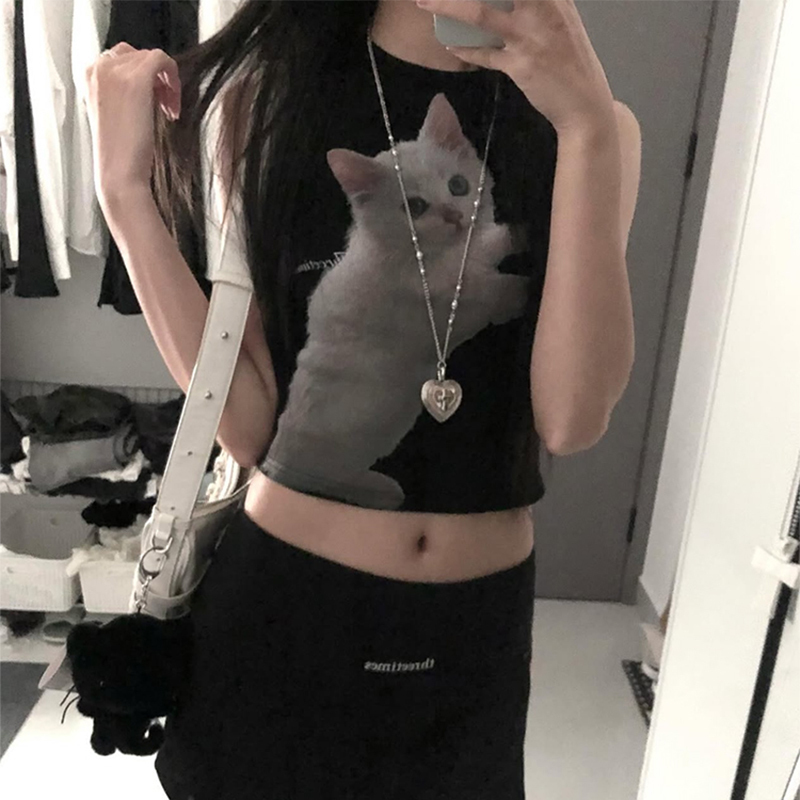 2025 New Cat Print Short Crop Top with Round Neck for Women, Vintage American Style Hot Girl Tank Top 2025 New Cat Print Short Crop Top with Round Neck for Women, Vintage American Style Hot Girl Tank Top