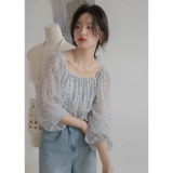 Ретро шифоновый тонкий свежий короткий корсет, французский ретро стиль, рукава фонарики, короткий рукав, цветочный принт, квадратный вырез