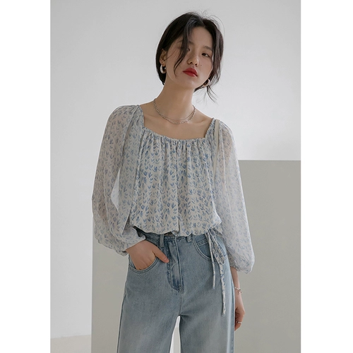 Ретро шифоновый тонкий свежий короткий корсет, французский ретро стиль, рукава фонарики, короткий рукав, цветочный принт, квадратный вырез