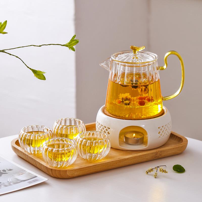 Tea set Nordic style Japanese glass flower teapot candle heating set fruit cooking tea stove afternoon teapot light luxury