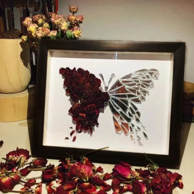 Handmade DIY Butterfly Mirror Dried Flower Photo Frame Rose Eternal Flower Broken Glass Ornament Birthday Gift for Girlfriend