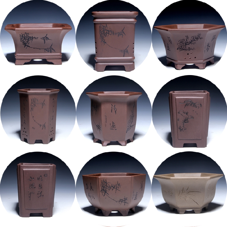 Lixing Purple Sand Flower Pot Indoor Tabletop Plant Potted Plant Potted Flower Pots Miniature Basin Hexagon Four Square Bonsai Basin