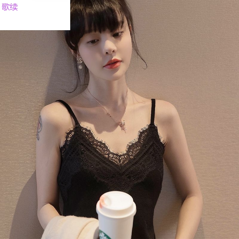 Summer womens sâu cổ chữ V khâu ren ren nhỏ sling tay áo ngắn đáy đỉnh bên trong đơn giản.