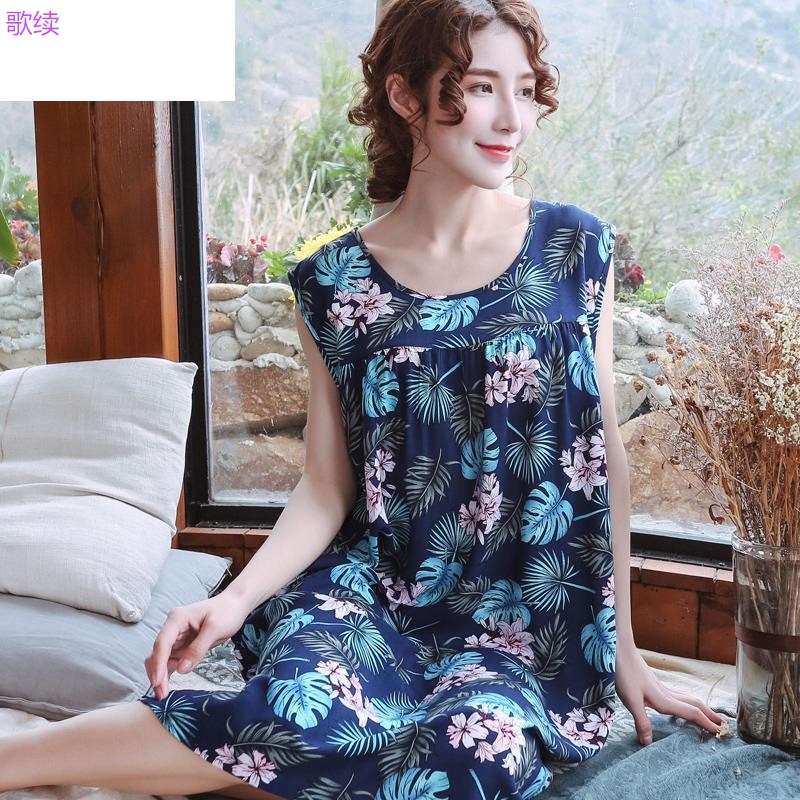 Mùa hè Hàn Quốc phiên bản của mùa hè cotton lụa đồ ngủ womens váy dài tăng kích thước của tay mùa hè lụa nhân tạo nhà quần áo.