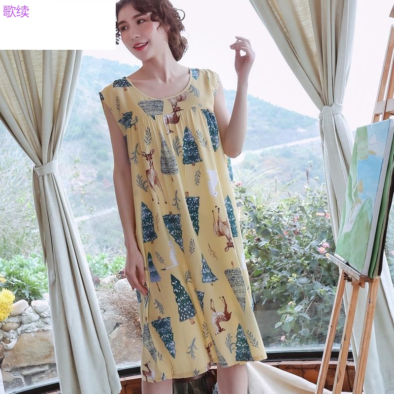 Mùa hè Hàn Quốc phiên bản của mùa hè cotton lụa đồ ngủ womens váy dài tăng kích thước của tay mùa hè lụa nhân tạo nhà quần áo.