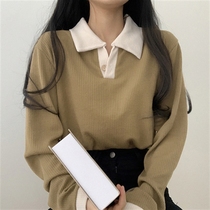 Polo collar long-sleeved T-shirt womens spring and autumn 2021 new Korean version all-match loose Western-style college wind top ins tide