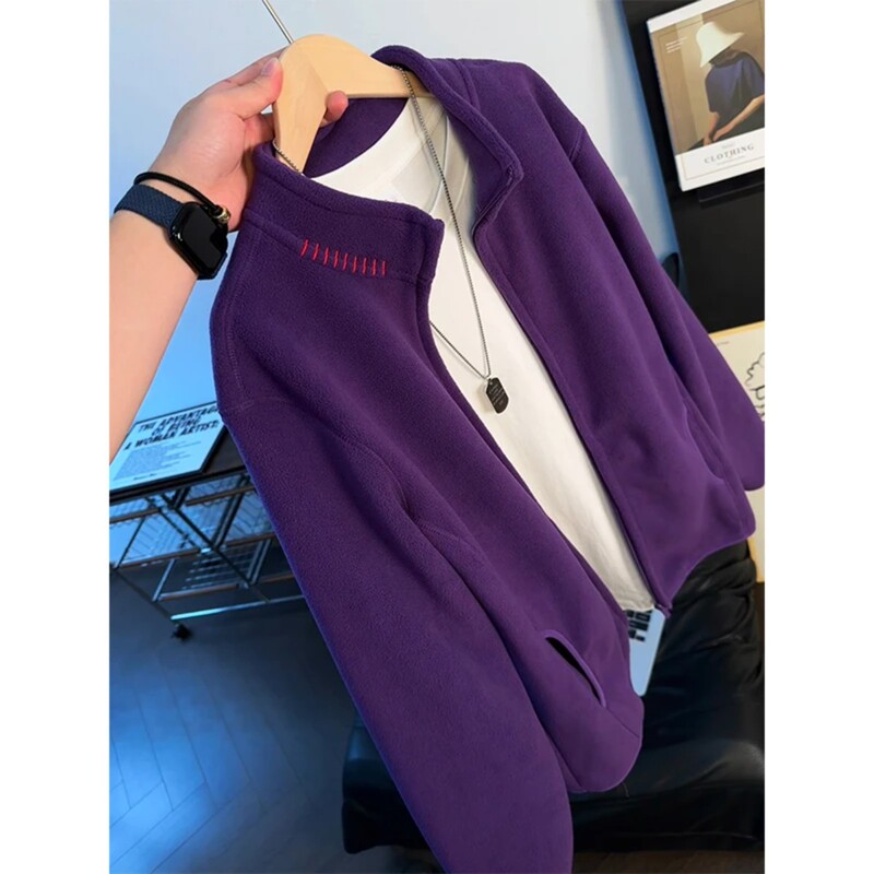 American Retro Fleece Jacket for Men, Autumn and Winter Thickened School Uniform Essential, Stand Collar Cardigan Sweatshirt, Fleece Jacket