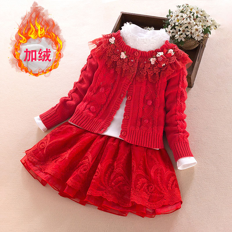 Girls 2021 new set of autumn and winter plus velvet skirt princess foreign style fashionable children baby skirt three-piece set tide