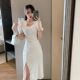 2022 summer new Korean version temperament ladies slim dress with pearl split party mid-length dress