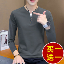Mens long sleeve T-shirt autumn 2021 new autumn clothes wear v collar casual clothes cotton spring and autumn coat base shirt