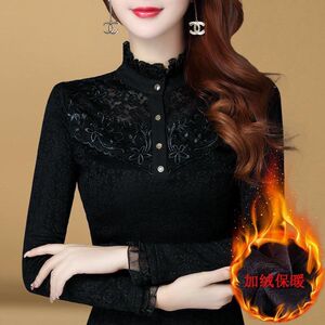 女士加绒保暖蕾丝加打底衫高领T恤衫女装