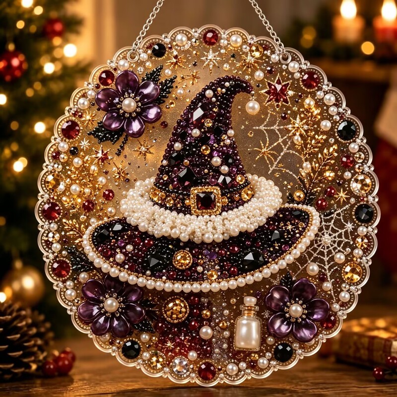Light Luxury Gemstone Witch Hat Pearl Painting Halloween DIY Paste-On Adult Handmade Leisure Stress-Relief Decorative Hanging Painting Light Luxury Gemstone Witch Hat Pearl Painting Halloween DIY Paste-On Adult Handmade Leisure Stress-Relief Decorative Hanging Painting