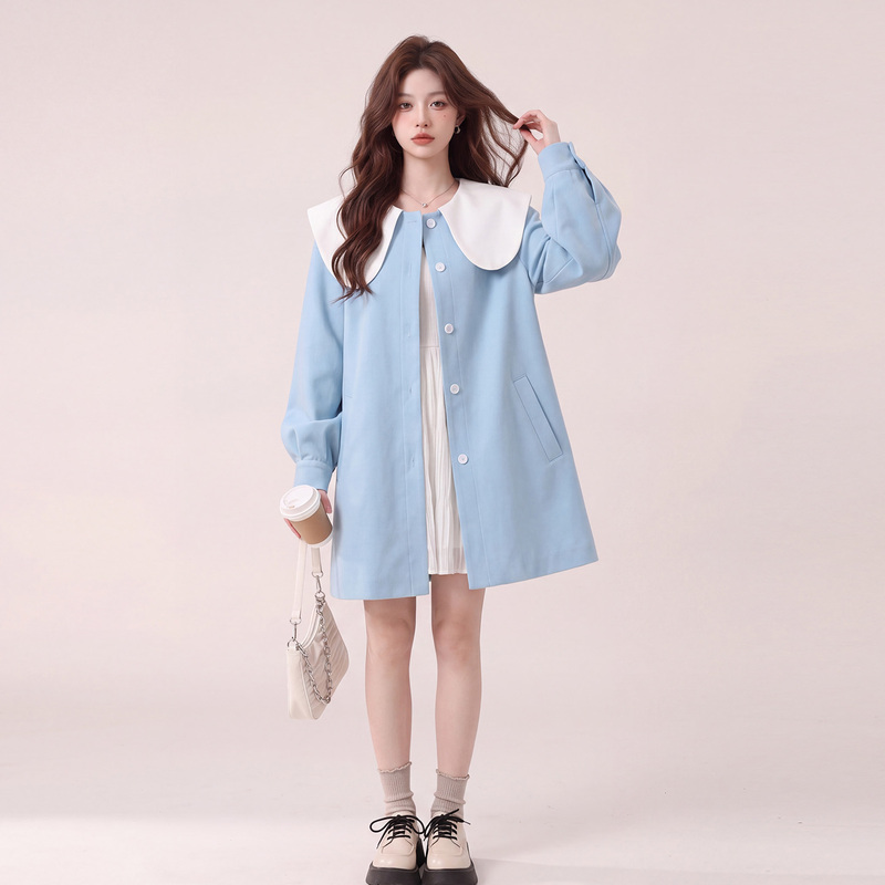 Blue Relaxed and Cute Youthful Color-Blocking Doll Collar Coat for Women, 2026 Autumn New Style, Petite Casual Trench Coat Blue Relaxed and Cute Youthful Color-Blocking Doll Collar Coat for Women, 2026 Autumn New Style, Petite Casual Trench Coat