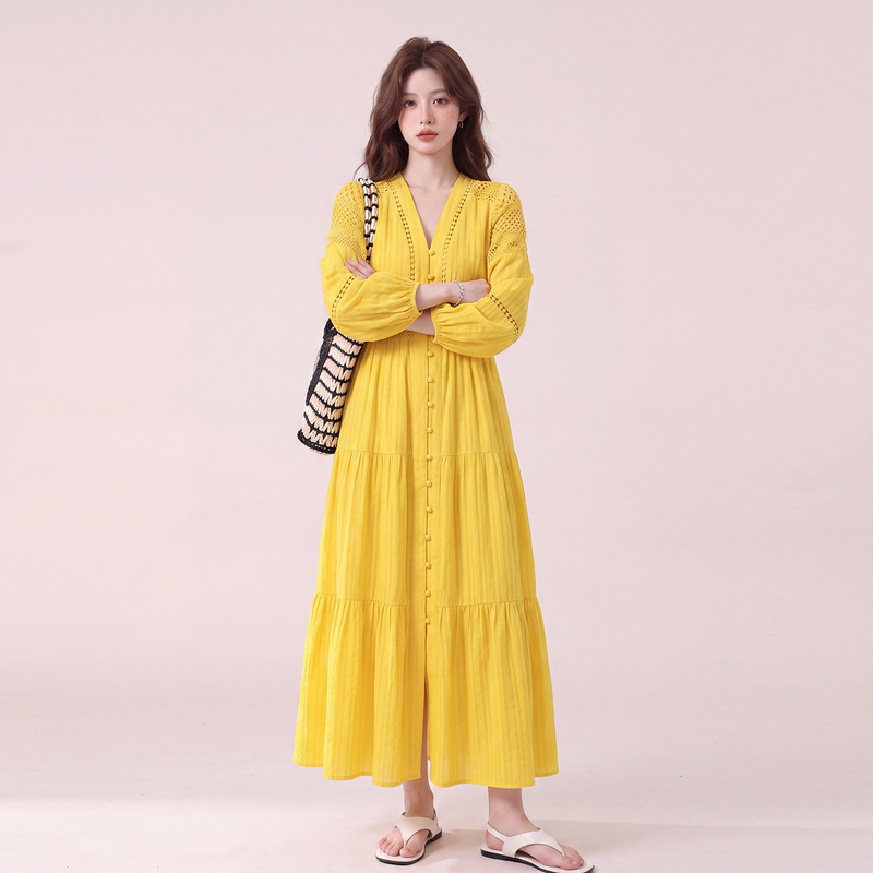 Yellow French-Style Bright Hollow Embroidery V-Neck Dress for Women, 2026 Autumn New Lantern Sleeve Elegant Long Dress Yellow French-Style Bright Hollow Embroidery V-Neck Dress for Women, 2026 Autumn New Lantern Sleeve Elegant Long Dress