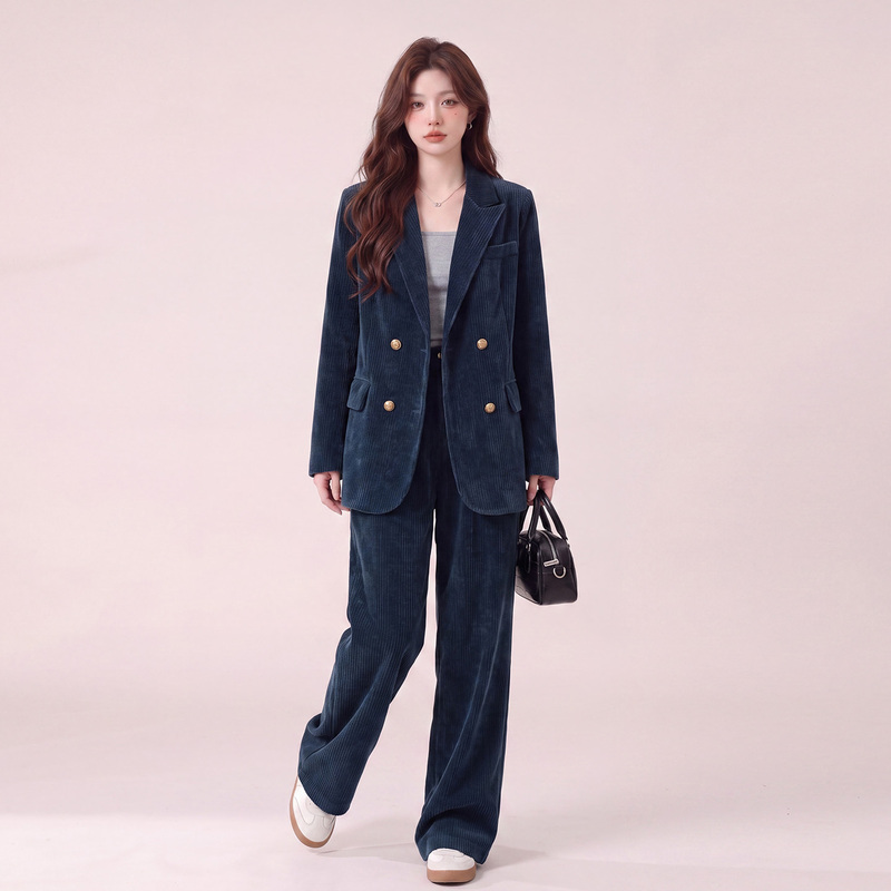 Light and Stylish Urban Style Corduroy Blazer and Wide-Leg Pants Suit for Women, 2026 Autumn New Retro Chic Two-Piece Set Light and Stylish Urban Style Corduroy Blazer and Wide-Leg Pants Suit for Women, 2026 Autumn New Retro Chic Two-Piece Set