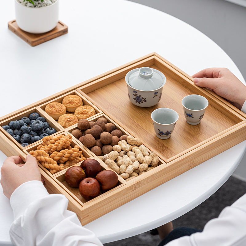 Tea Tray with Nine Compartments, Household Tea Tray for Brewing Tea Around the Stove, Snack Tray, Fruit Tray, Bamboo Tea Set, Tea Cup Tray