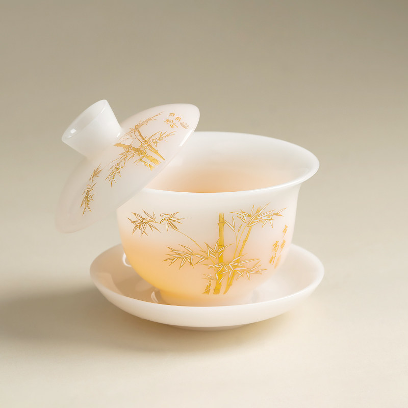 Jade Ice Porcelain Three-Piece Gaiwan Set, Non-Hot Tea Bowl with Lid, Single High-End Home Use Kung Fu Tea Set