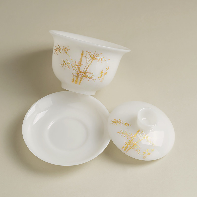 Jade Ice Porcelain Three-Piece Gaiwan Set, Non-Hot Tea Bowl with Lid, Single High-End Home Use Kung Fu Tea Set