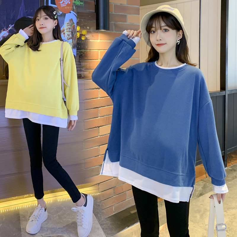 Pregnant women's sweatshirt female spring and autumn long sleeves Long version loose fake two small subfall gestation women's clothing suit Two sets