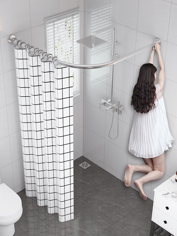Non-perforated shower curtain rod u-shaped perforated set Curved bathroom L-shaped corner bath rod Powder room stainless steel telescopic rod