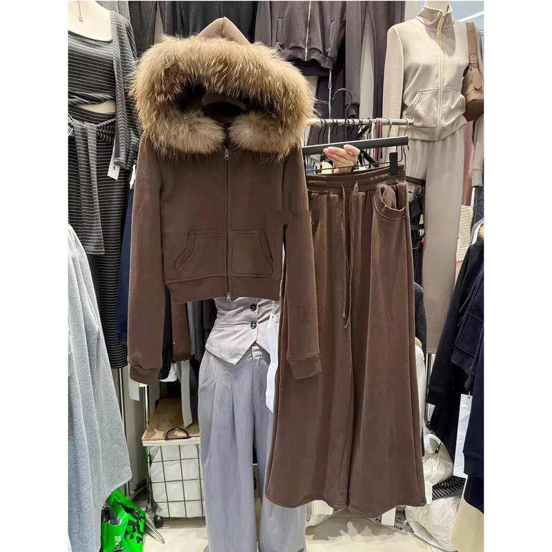 Real Fur Collar Casual Sports Suit for Women, New Autumn and Winter Style, Melard Retro Hooded Sweatshirt Jacket and Long Pants Two-Piece Set