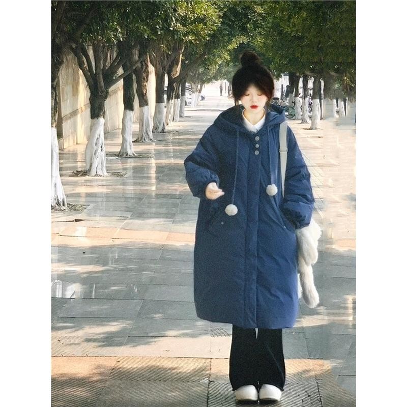 Winter Korean-Style Warm Blue Hooded Mid-Length down Cotton Coat for Women