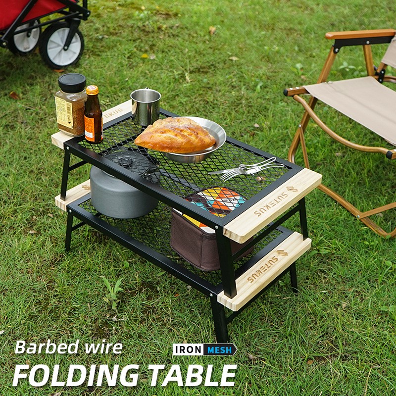 Outdoor Camping Equipment Supplies Big Full Folding Mesh Table Camping Iron Art Portable Trips Barbecue Racks On-board Shelve