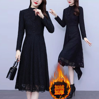 Black long-sleeved lace dress for women, high-end autumn and winter velvet and thickened mother's high-end temperament bottoming skirt