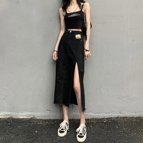 Black a-word denim skirt womens split 2021 new summer thin section high waist thin bag arm medium long section tide ins