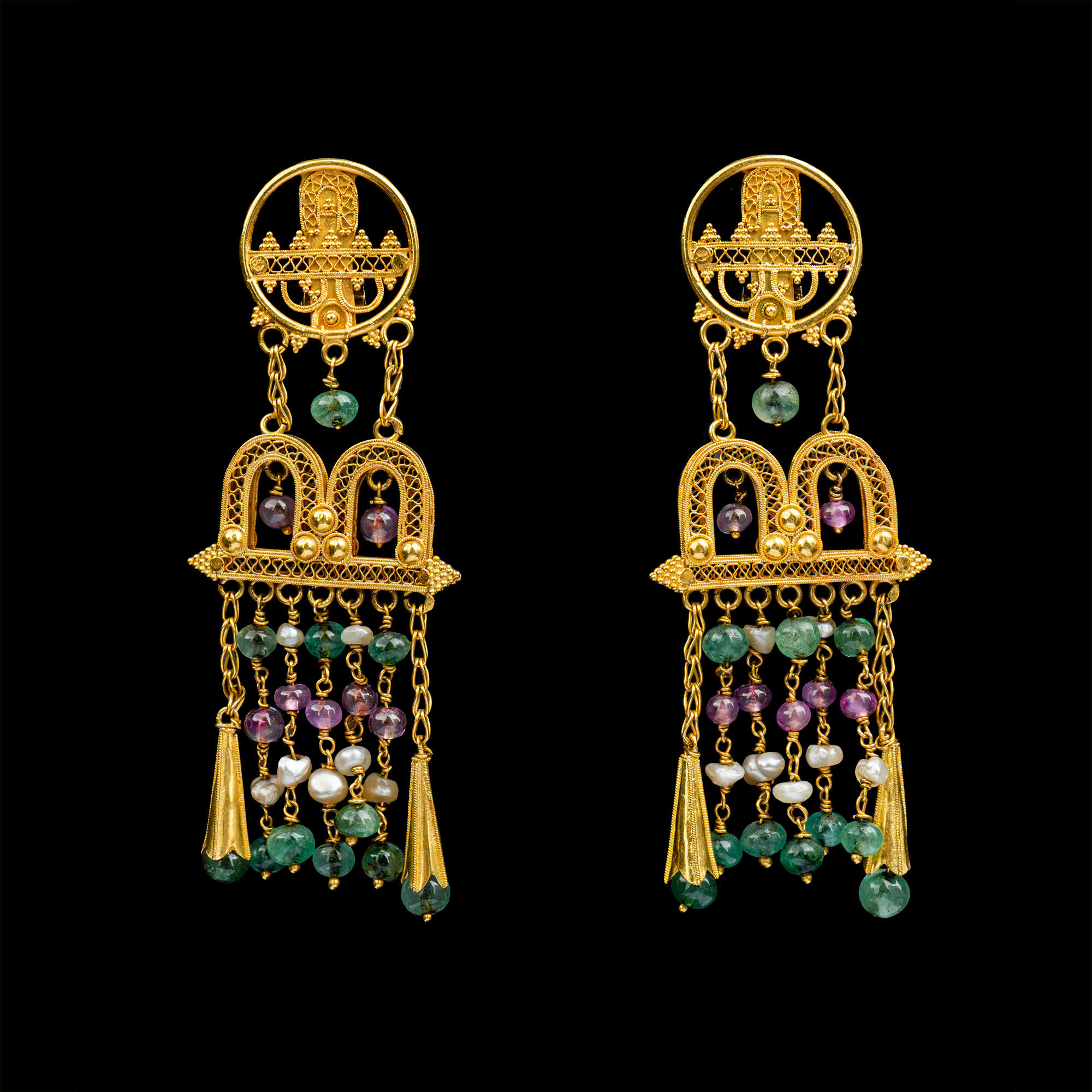 Unicorn Western Antique Jewelry Greek 18K Gold with Emerald Pink Sapphire Pearl Drop Earrings
